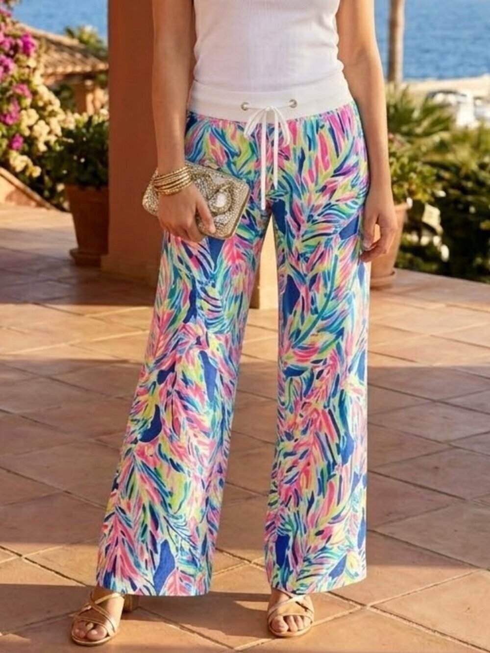 Lilly Pulitzer Linen Beach Pant Size XS in Indigo Palm Reader Print EEUC